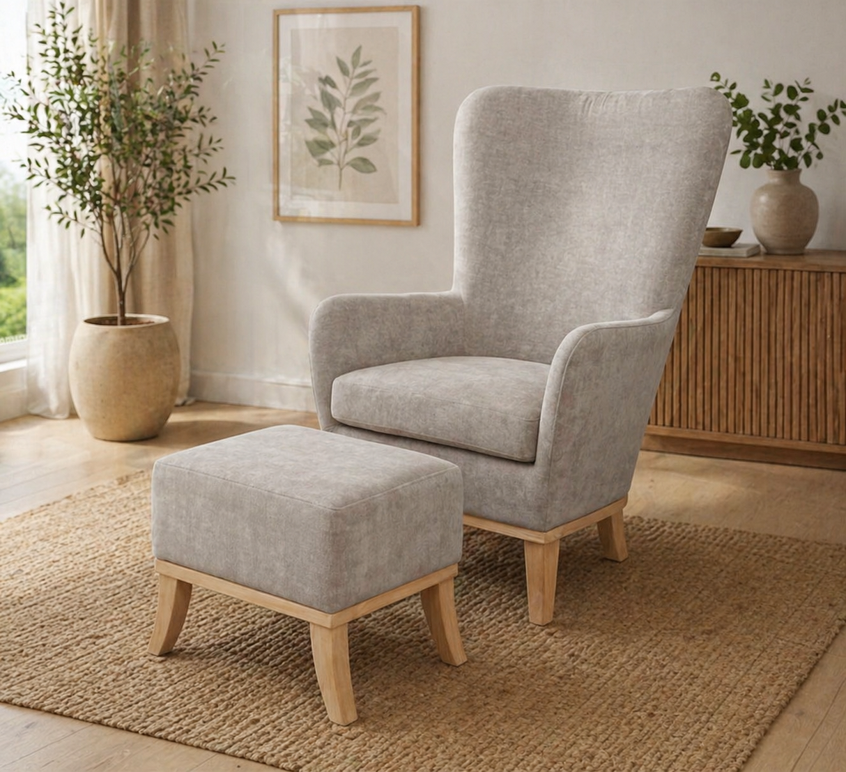 1986 Chair + Footstool light grey modern minimalist living room at the furniture store ni