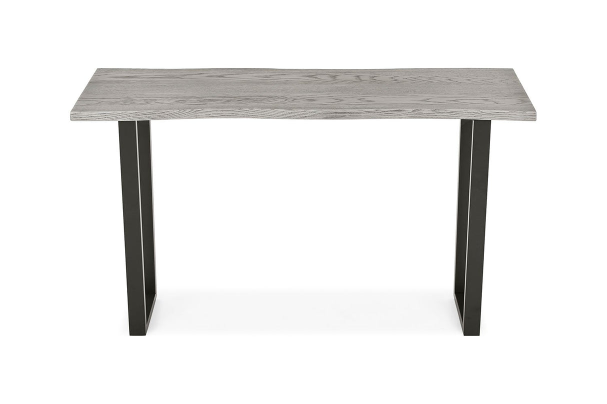 Brooklyn grey oak console table showcasing its 130cm wide grey timber top, dark industrial framing, and clean architectural silhouette.