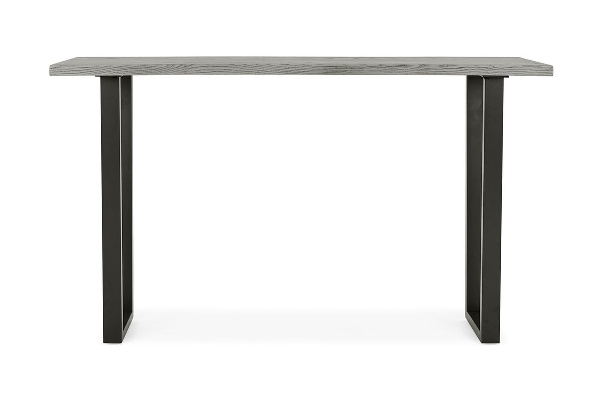 Brooklyn grey oak console table showcasing its 130cm wide grey timber top, dark industrial framing, and clean architectural silhouette at the furniture store ni