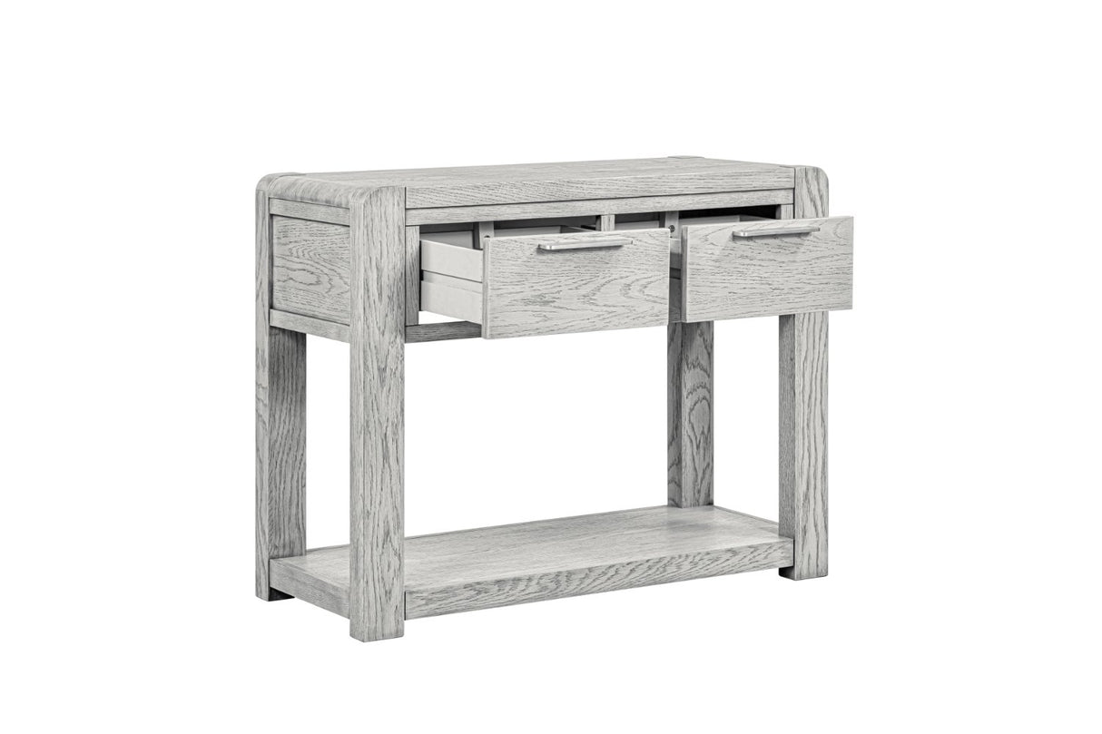 A light gray wood console table with two partially pulled-out drawers and an open lower shelf, shown on a plain white background.