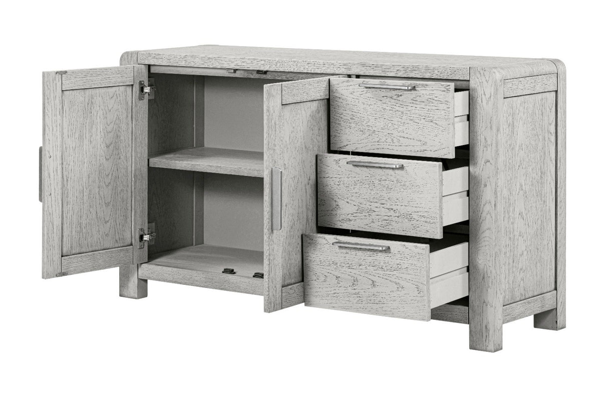 A light gray wood cabinet with one open door showing two shelves and three drawers with silver handles, shown on a white background.