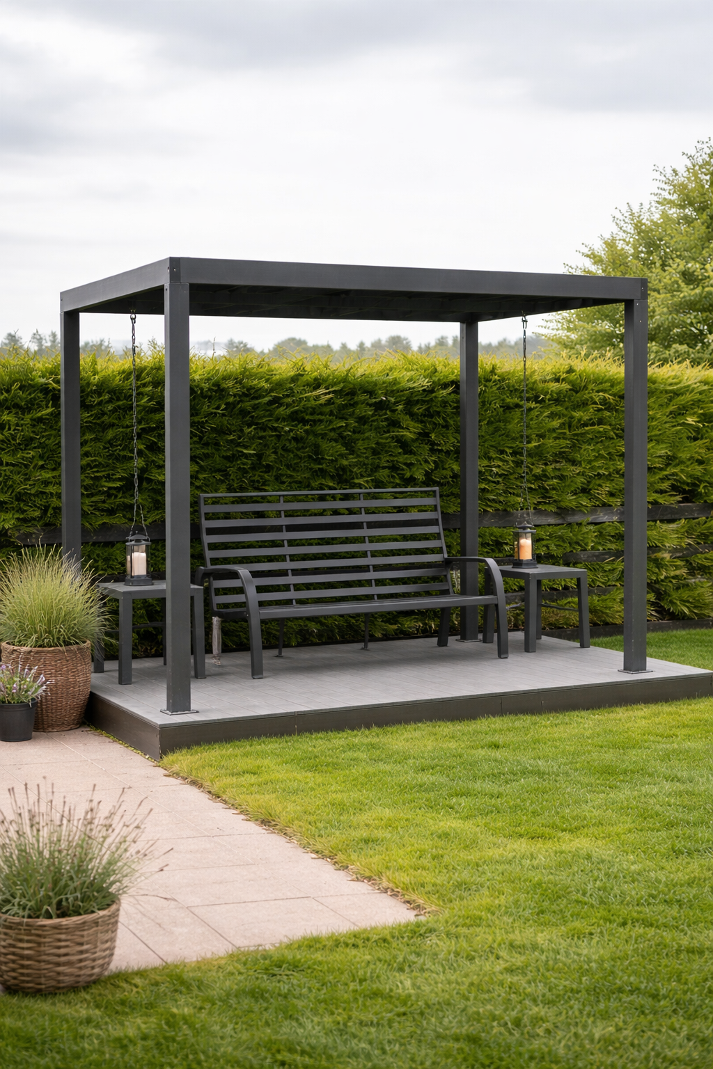 Athena grey aluminum pergola with louvred roof paired with Rio 4-seater firepit bar set on a modern patio furniture store ni