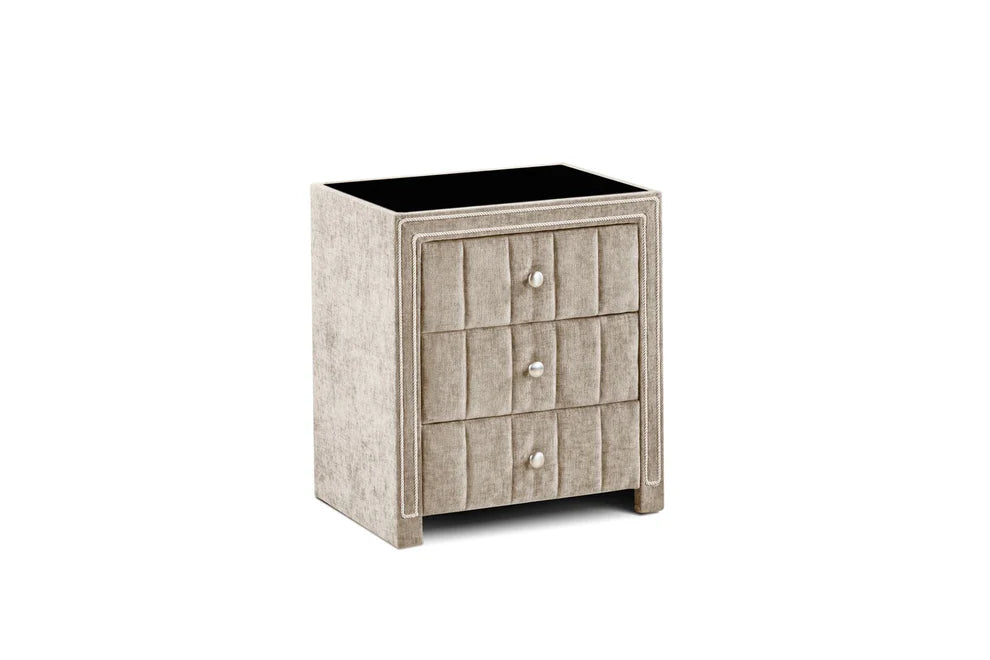 Amelia 3-drawer bedside locker in beige fabric, featuring elegant rope margin accents and a polished glass top in cookstown furniture store ni