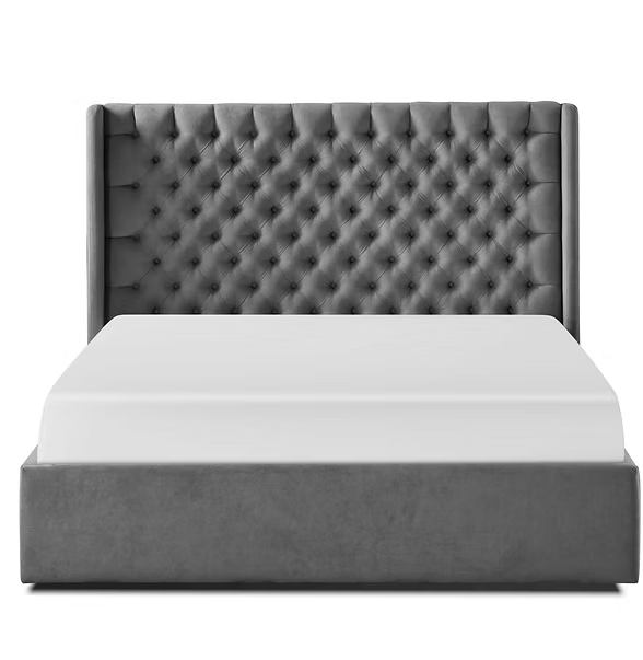 colette Gray tufted bed with white mattress on a white background furniture store ni
