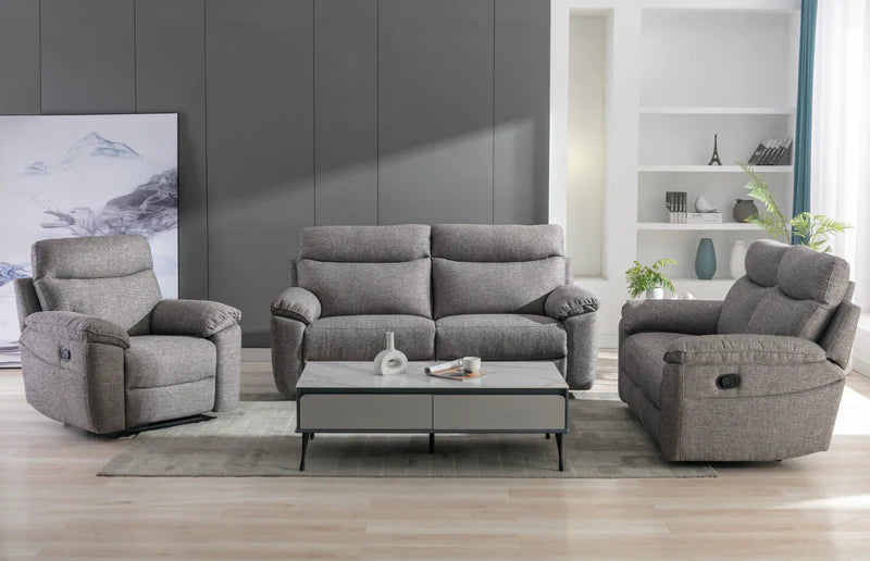 A modern living room furniture set featuring a gray fabric three-seater sofa, a matching recliner on the left, and a matching recliner on the right, arranged around a low gray coffee table on a light wood floor.