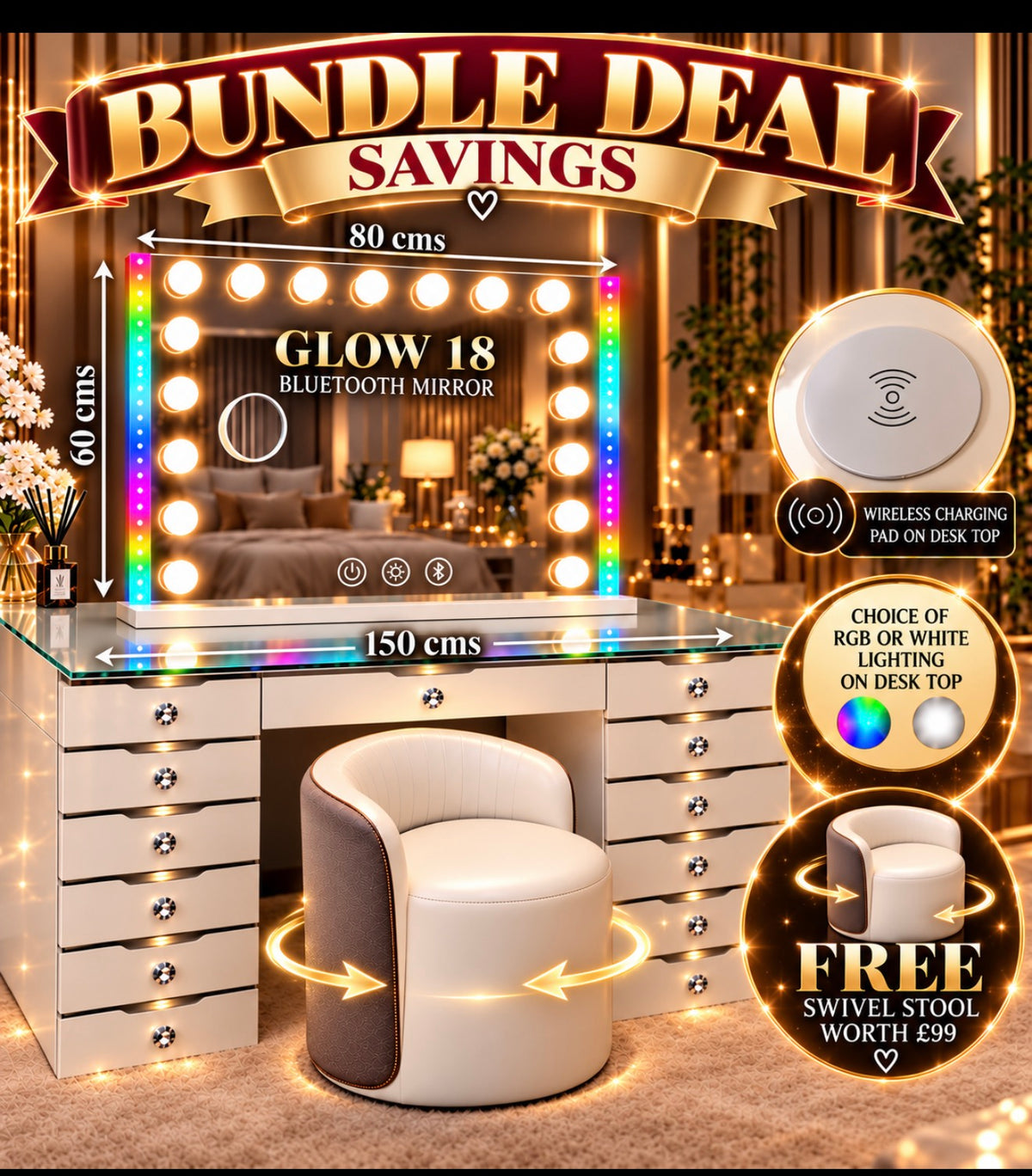 Glam Empire Pro 13 Drawer Dressing Table Bundle with Glow 18 RGB Mirror and Free Swivel Stool