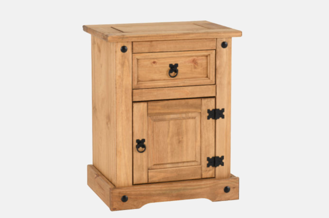 Corona 1 Drawer 1 Door Bedside Cabinet
Distressed Waxed Pine