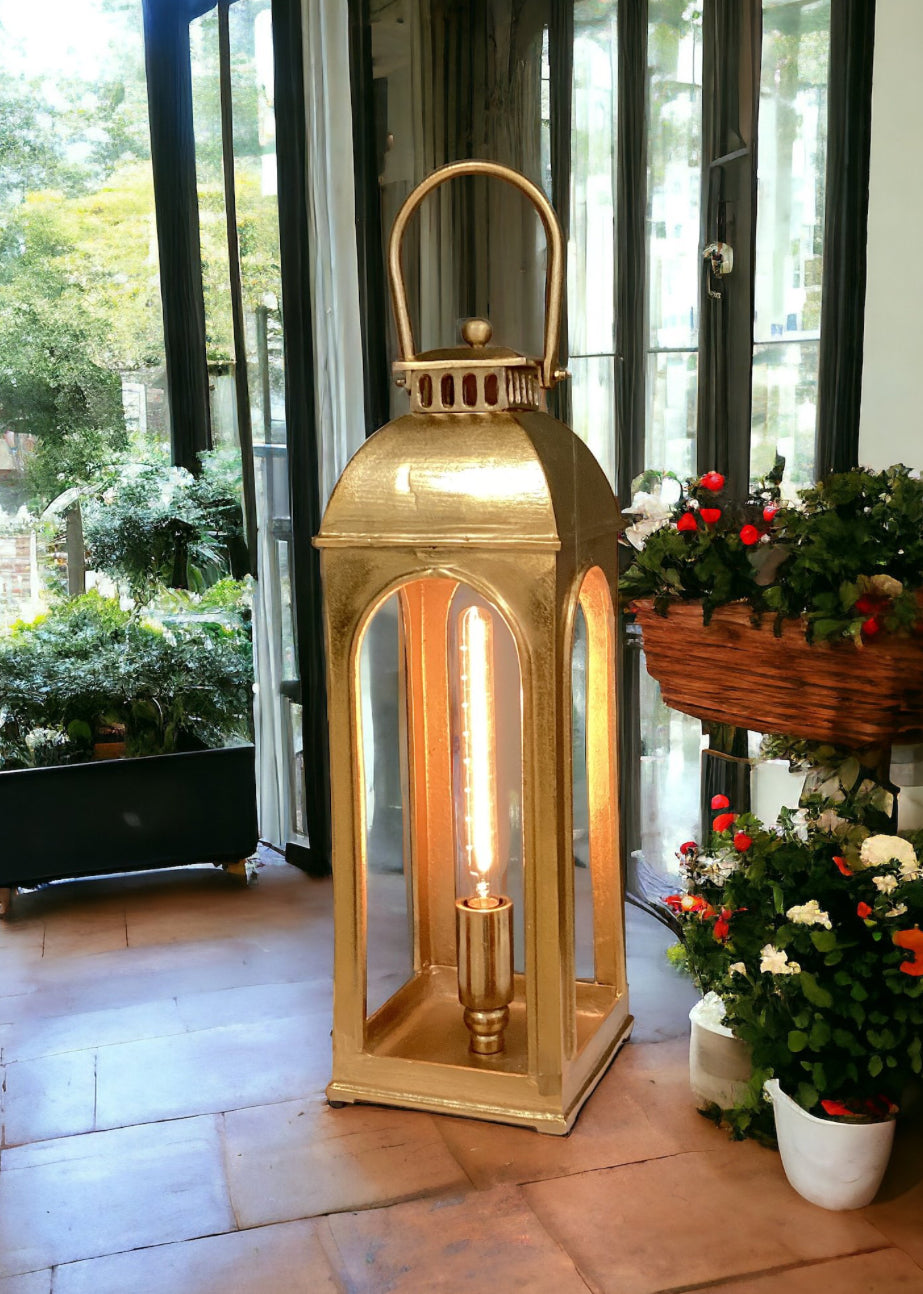 Handmade Cast Aluminium Lantern Lamp in Gold Finish 19.5"H BULB Included