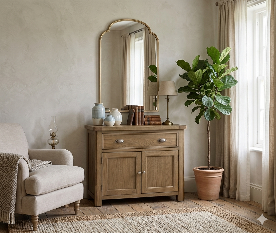 Hardwick 2-door 1-drawer sideboard showcasing its warm oak wood grain finish, robust solid construction, and classic metal handles. at the furniture store ni