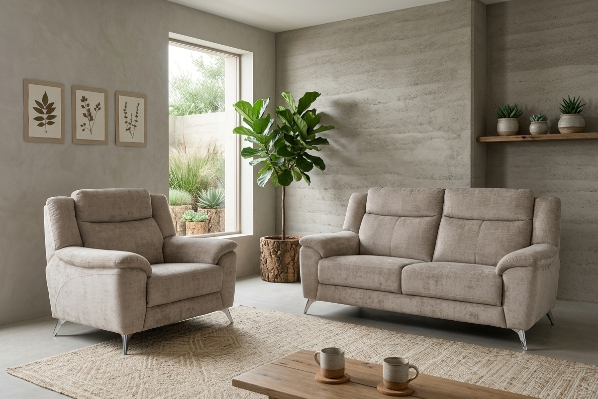 Close-up of the Monroe 3-seater sofa in Fossil fabric, highlighting the structured cushioning and premium texture at furniture store ni