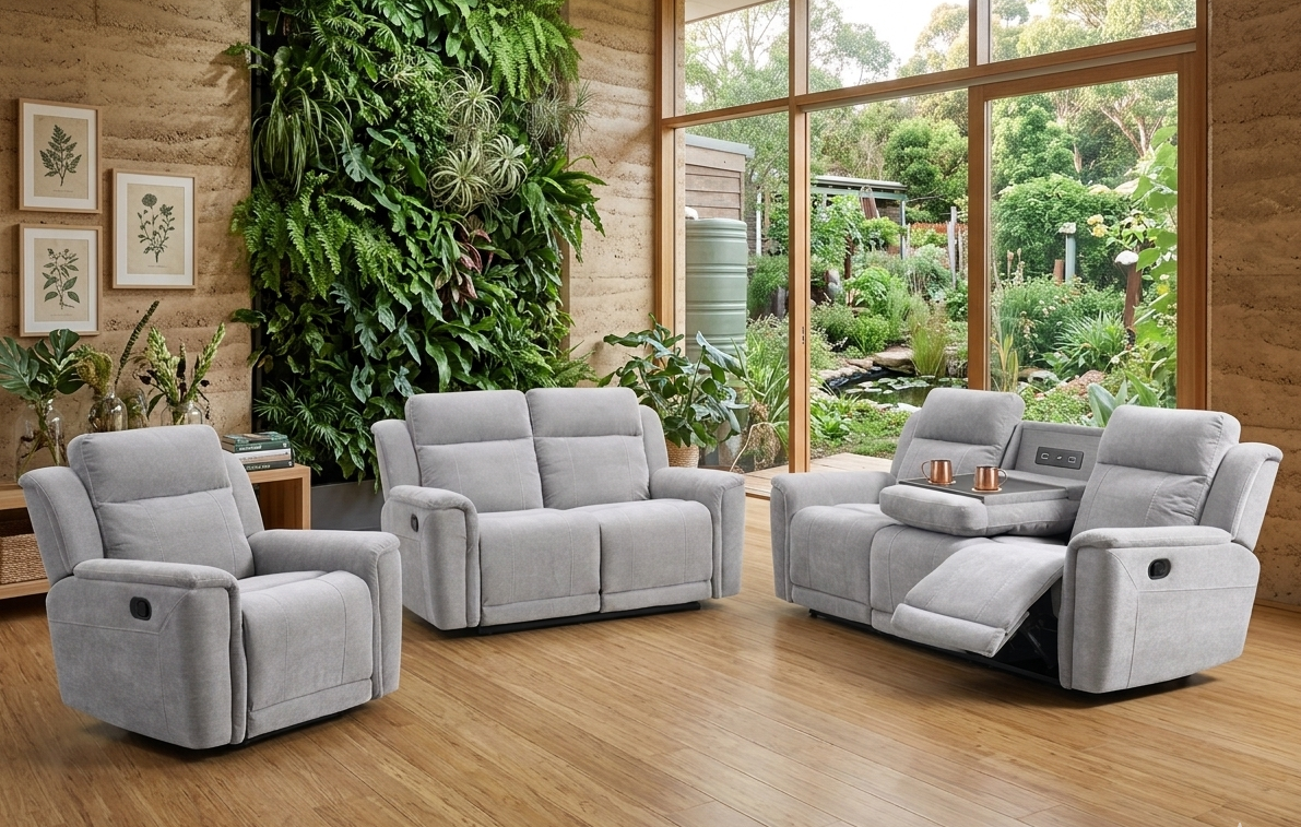 Somerton manual reclining suite in sleek Light Grey fabric, styled in a minimalist, modern living room at the furniture store ni