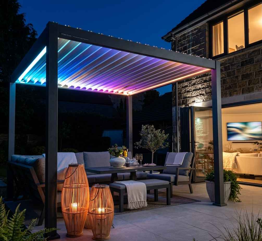 A modern, motorised louvered roof pergola, illuminated at night with integrated multi-colour LED lighting, showcasing an outdoor lounge area with a comfortable seating set and warm woven lanterns, set against a stone house in the background at furniture store ni