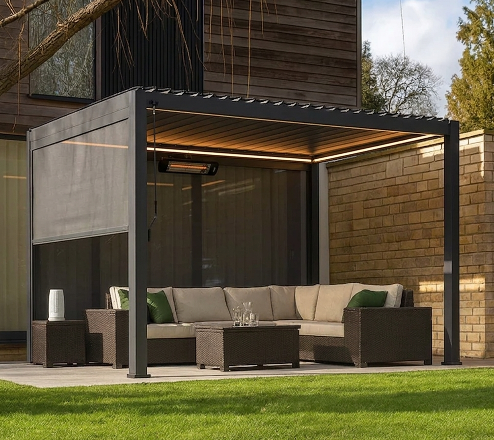 Titan 3x3m Aluminium Pergola in Graphite Grey installed on a modern patio at the furniture store ni