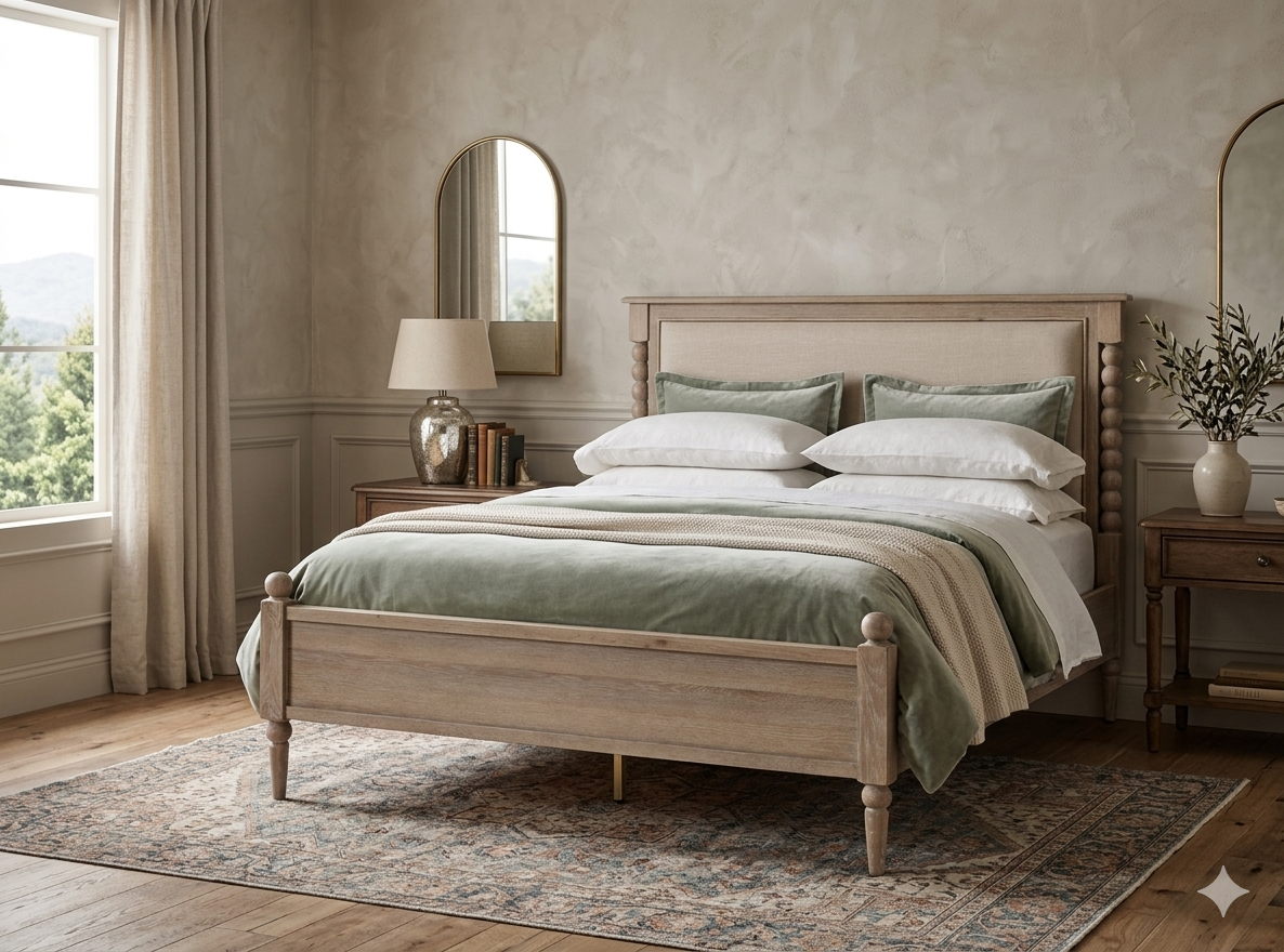 Artisan luxury oak bed frame showing the striking hand-crafted bobbin detailing across the high headboard, styled with premium neutral linens at the furniture store ni