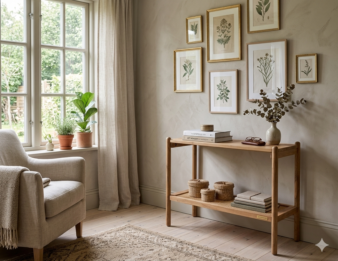 Cannes console table showcasing its rich, grain-filled acacia wood frame, slim entryway profile, and woven rattan lower storage shelf at the furniture store ni