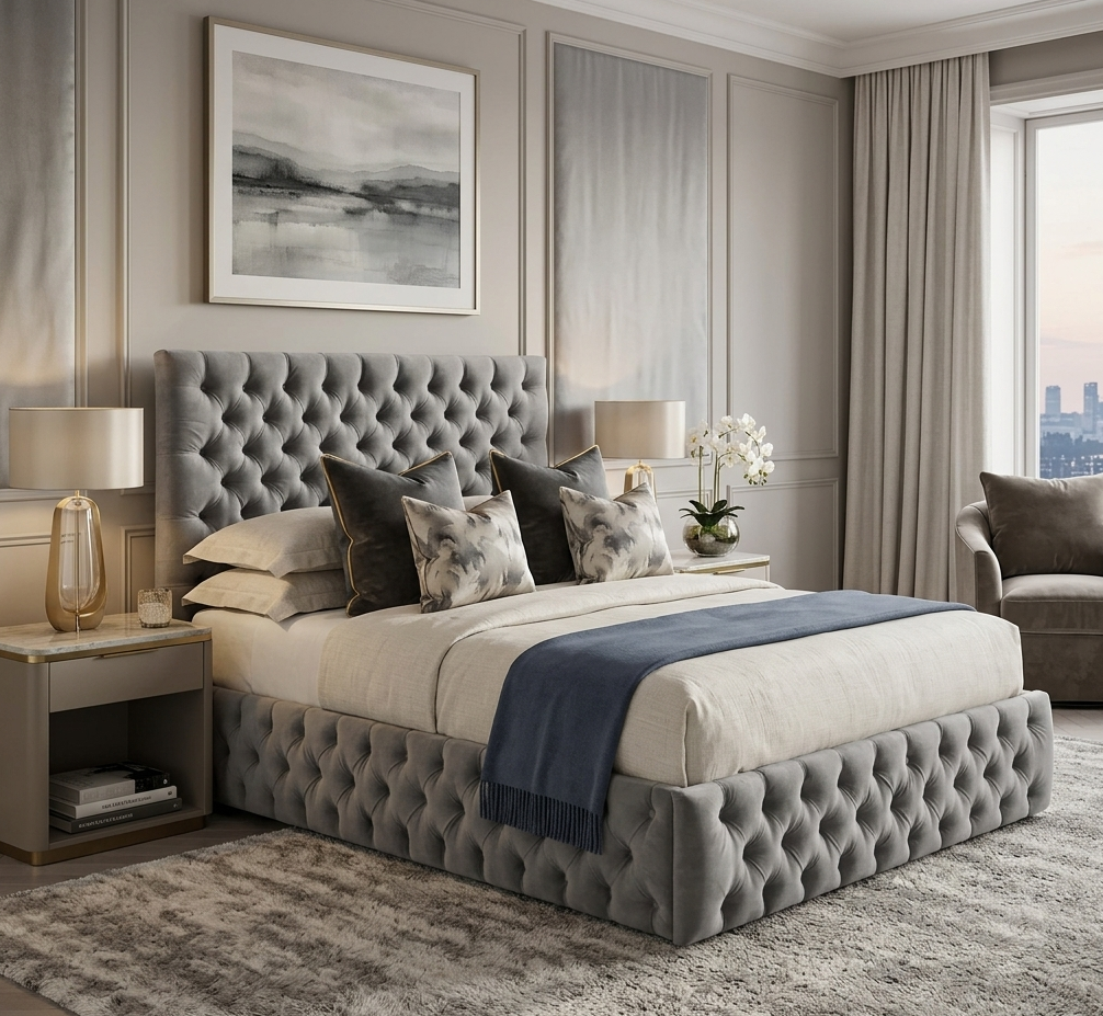 Rosa Grey Bedframe featuring deep button tufting on the headboard and frame furniture store ni
