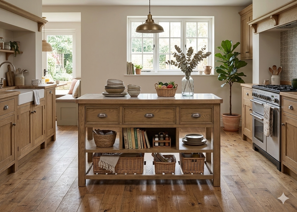 Hardwick large oak kitchen island showcasing its premium, durable marble countertop, warm wood grain finish, and multiple open storage shelves at the furniture store ni