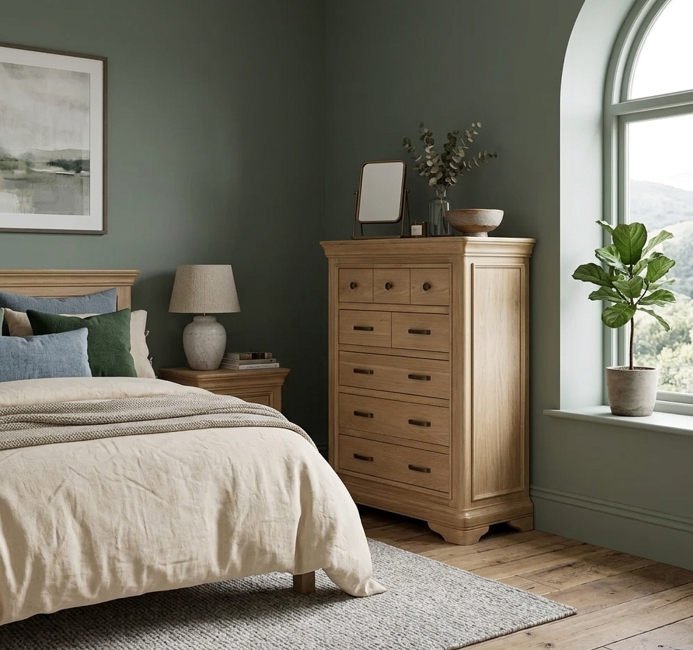 Oslo Light Oak 8 Drawer chest with thick tiered top and solid plinth base at furniture store ni.