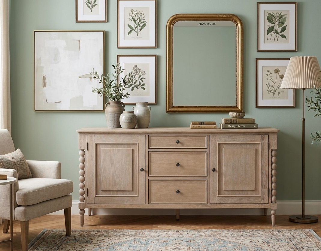 Artisan contemporary 2-door 3-drawer sideboard in a mellow lime wash oak finish, highlighting the turned bobbin detailing running down the corners at the furniture store ni