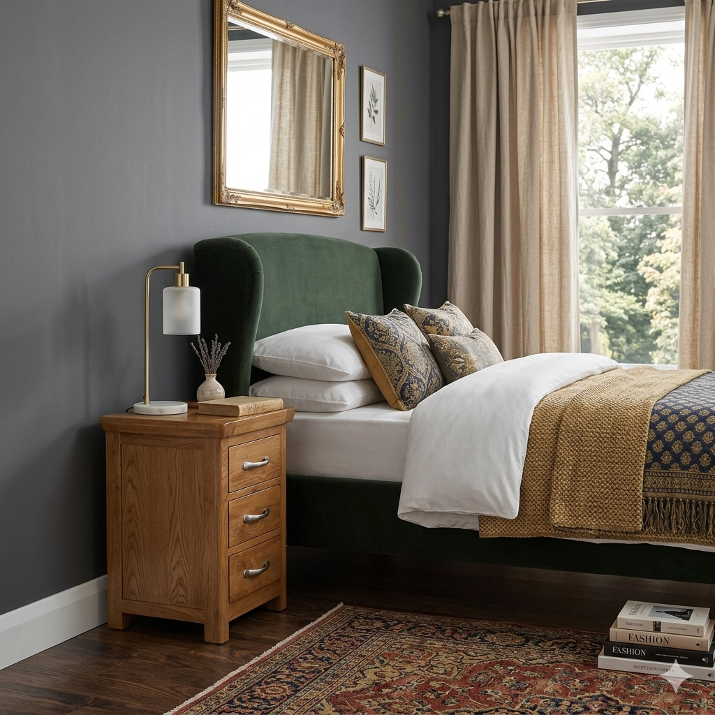 Cozy bedroom with green wingback bed, wooden nightstand, and large window.