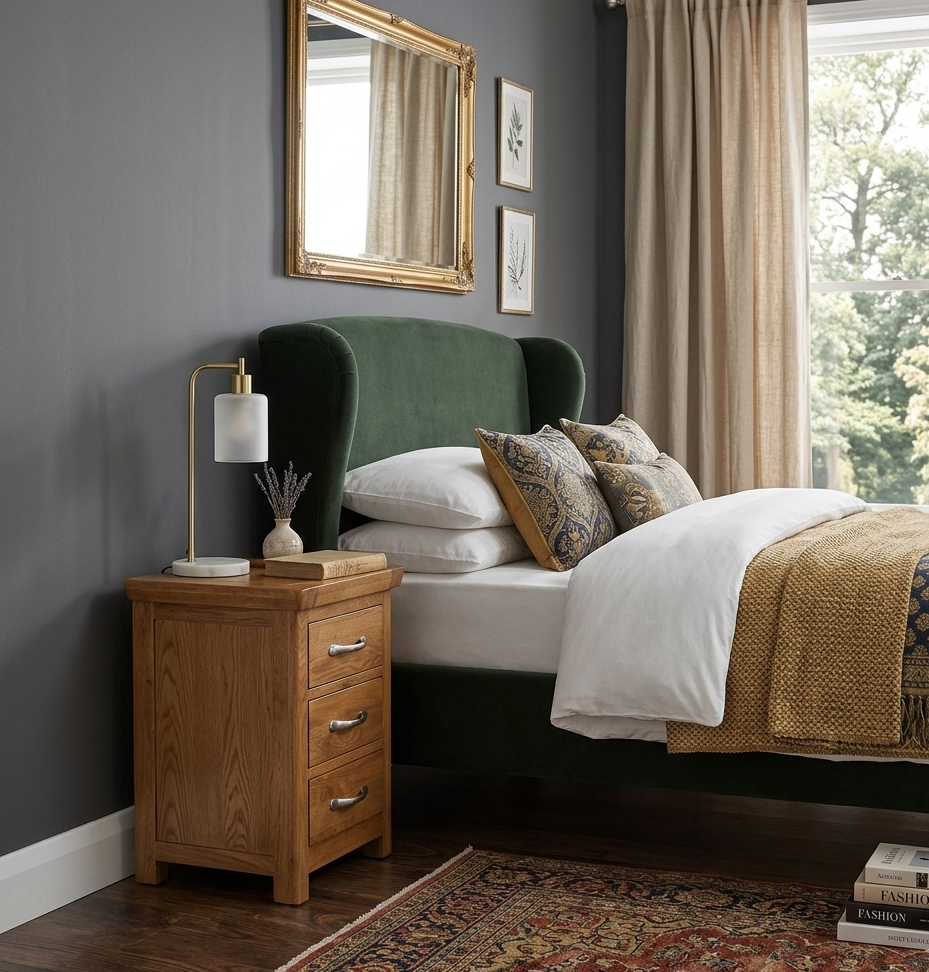 Bedroom with manhattan oak nightstand, green wingback bed, and decorative elements at furniture store ni