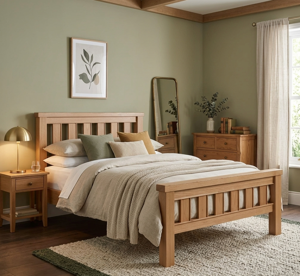 Newbury light oak bedframe in a bright, modern bedroom, highlighting the natural oak finish and clean lines at the furniture store ni
