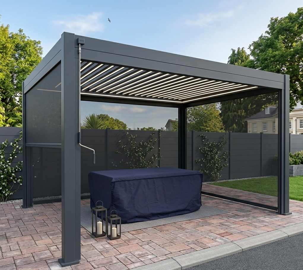 Retractable Textilene privacy screen installed on a graphite grey aluminium pergola, designed to provide adjustable shade and wind protection for modern garden patios at furniture store ni