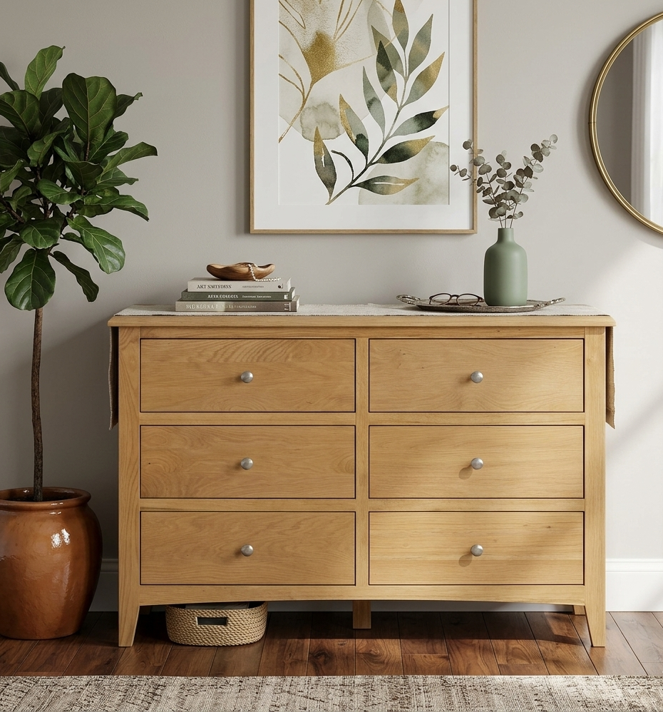 Kilkenny 6-drawer wide solid oak chest, showcasing its rich natural wood grain, curved top profile, and sleek chrome handles in a contemporary bedroom layout at the furniture store ni.
