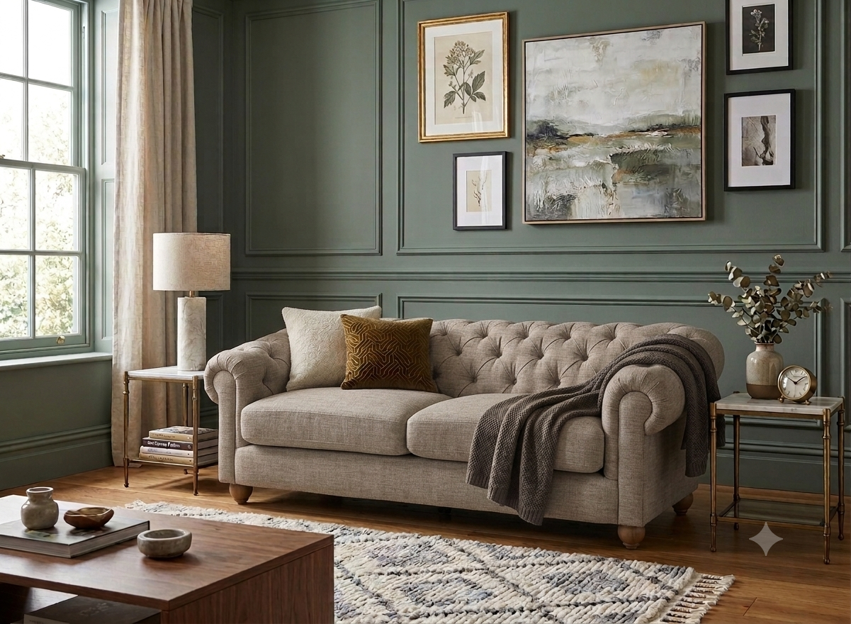 Modern 3-seater Chesterfield sofa showcasing its deep-buttoned back, in Celine husk elegant scrolled arms, and gracefully contoured silhouette sitting on solid ash legs Celine olive at the furniture store ni