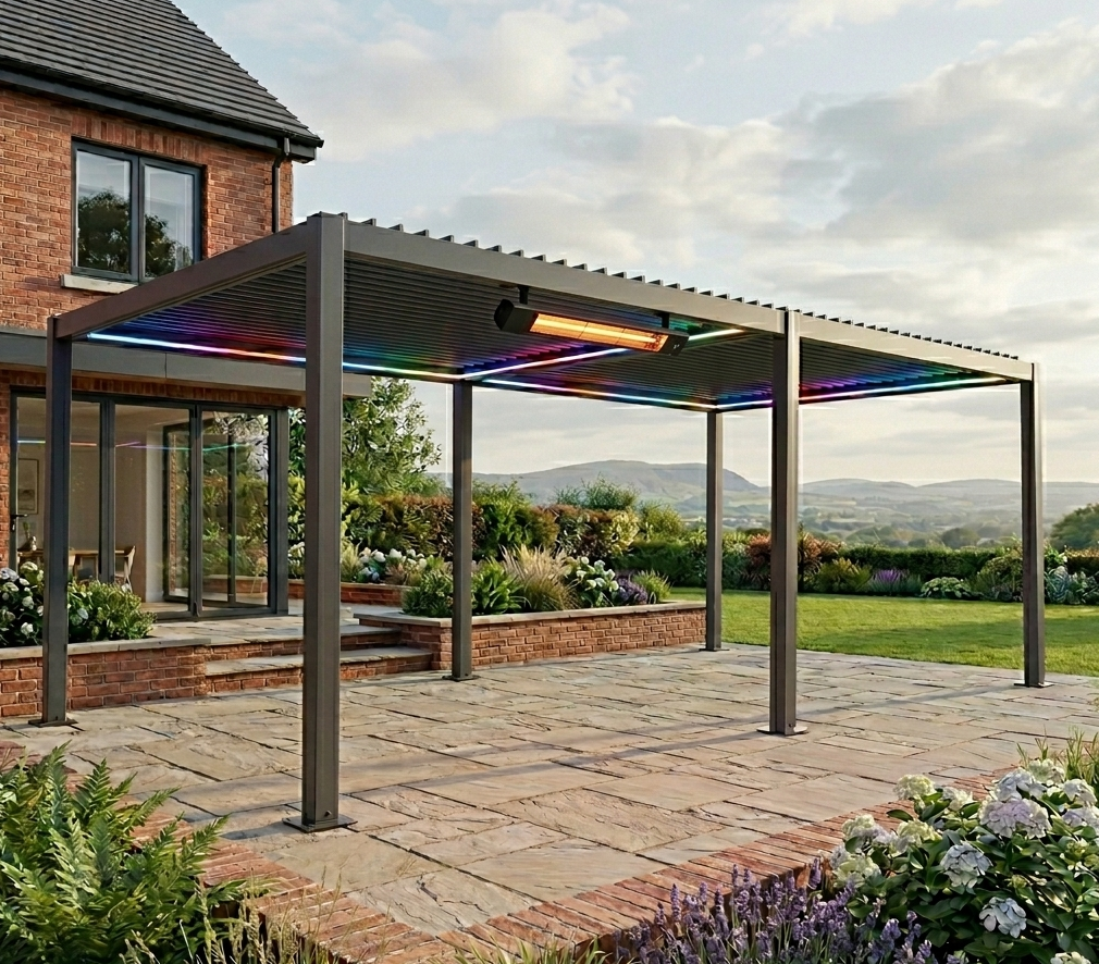 Titan 6x3m Aluminium Pergola in Graphite Grey installed on a modern patio at the furniture store ni