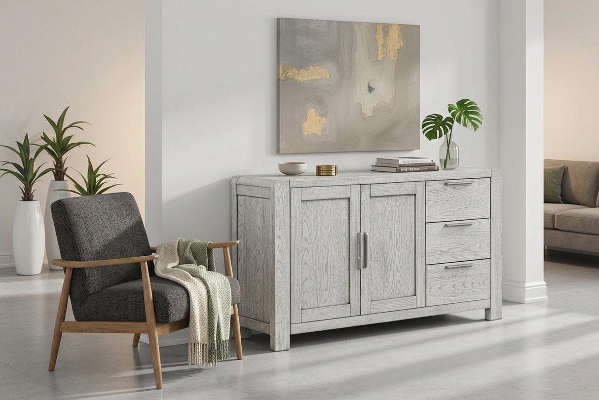 Amsterdam light gray wood sideboard cabinet with two doors and three drawers, styled in a modern living room at the furniture store ni