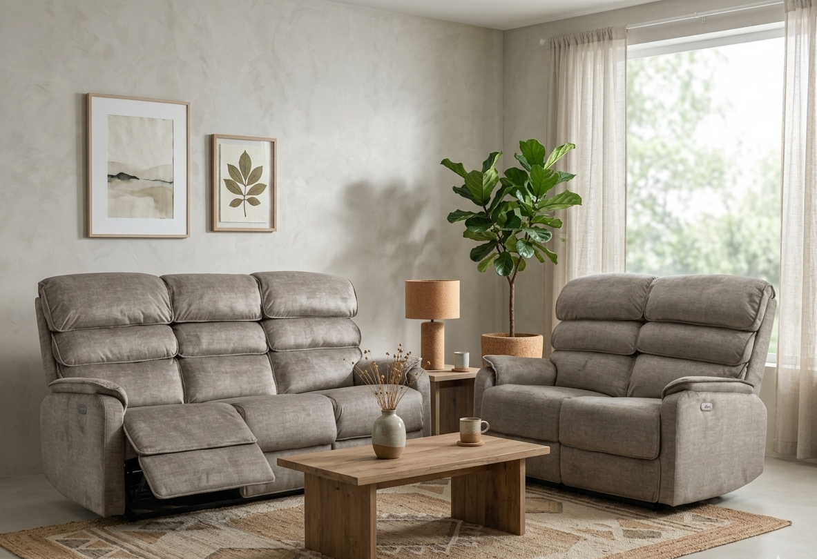 Savoy Suite in soft-touch taupe fabric, displayed as a 3-seater and armchair set in a minimalist living room at the furniture store ni