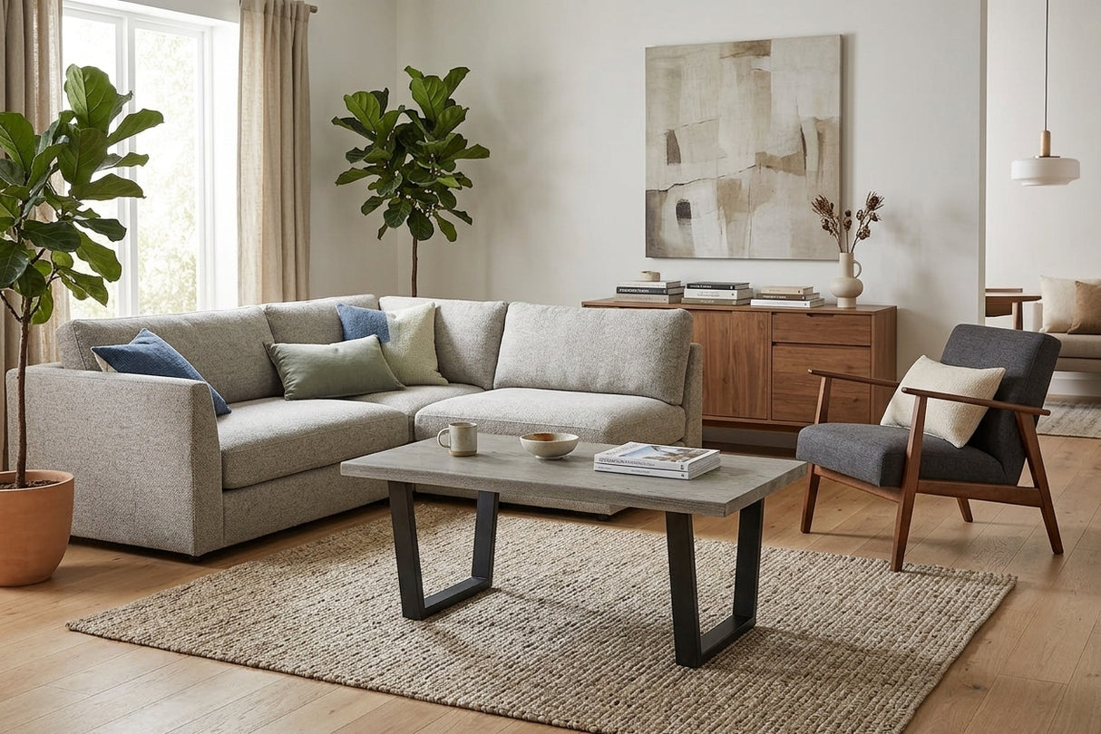 Brooklyn grey oak coffee table showcasing its industrial metal frame, dark grey oak timber top, and clean architectural lines at the furniture store ni