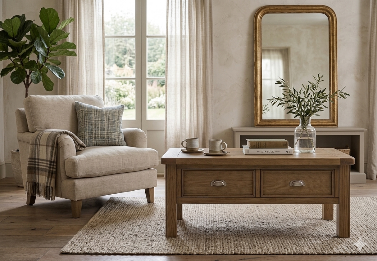 Hardwick 2-drawer coffee table showcasing its warm natural oak wood grain finish, robust solid construction, and classic metal drawer handles at the furniture store ni