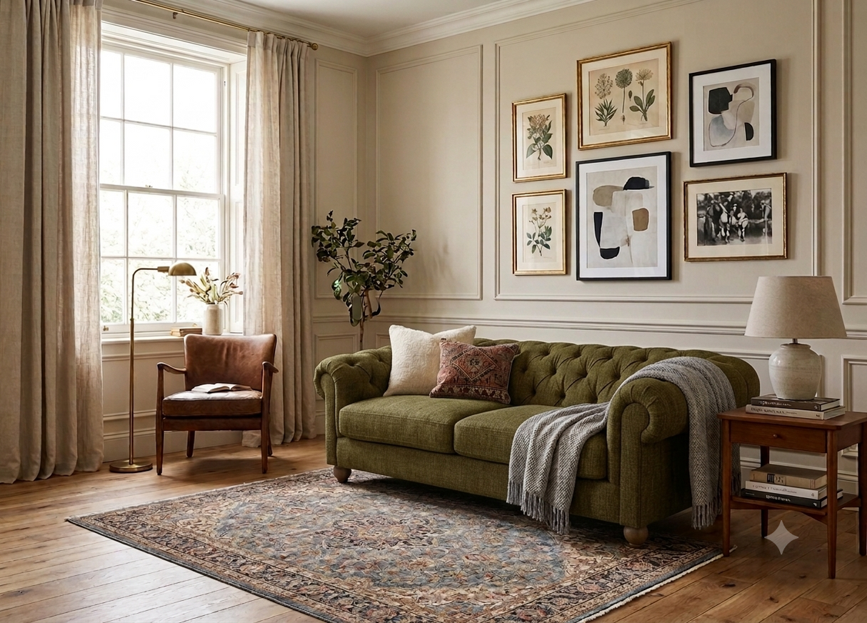 Modern 3-seater Chesterfield sofa showcasing its deep-buttoned back, in mika basil, elegant scrolled arms, and gracefully contoured silhouette sitting on solid ash legs at the furniture store ni