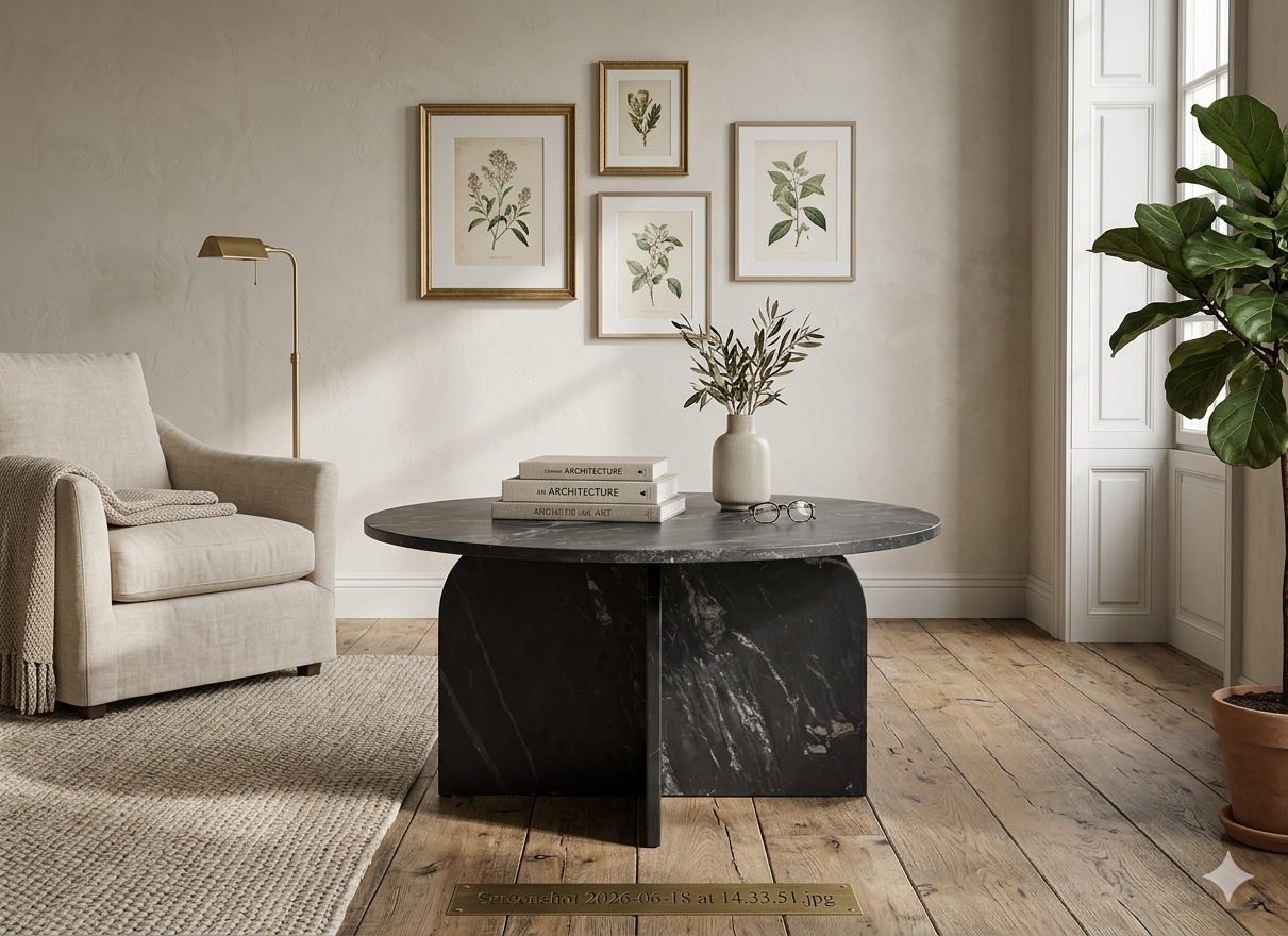 Amalfi round marble coffee table in its Natural finish, showcasing its unique organic veining patterns, smooth polished surface, and architectural arched base at the furniture store ni