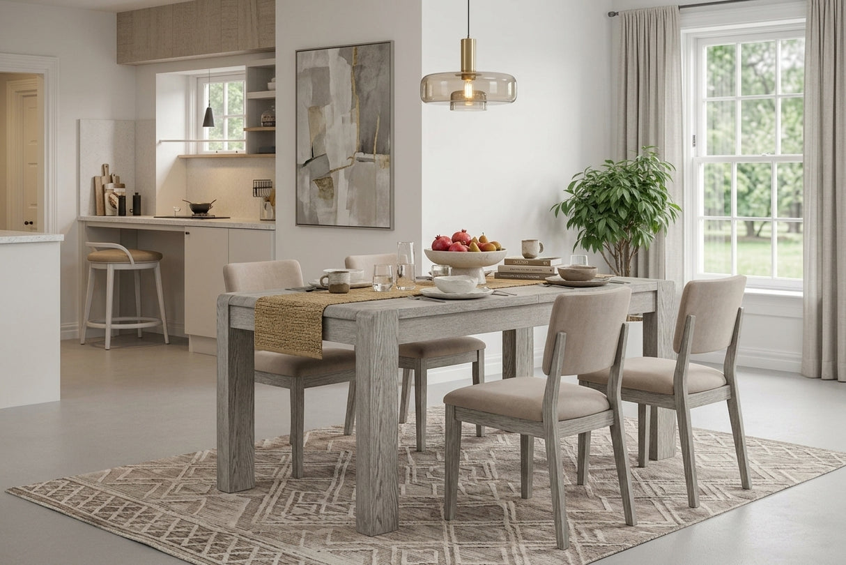 Amsterdam grey washed oak 160cm extending dining table showcasing its rectangular top, subtle grey-washed oak grain finish, and sturdy solid oak frame available at the furniture store ni.