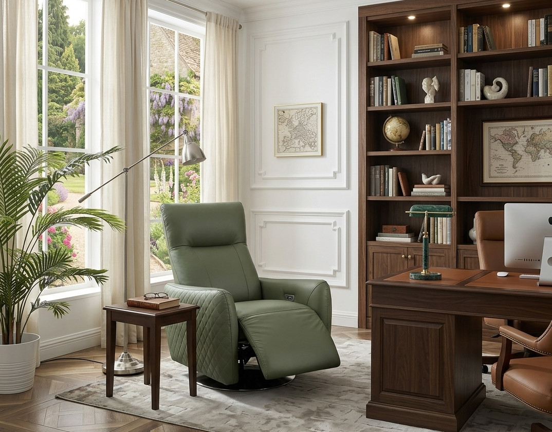 Monti green leather electric swivel recliner chair with embossed chequer side detailing at the furniture store ni