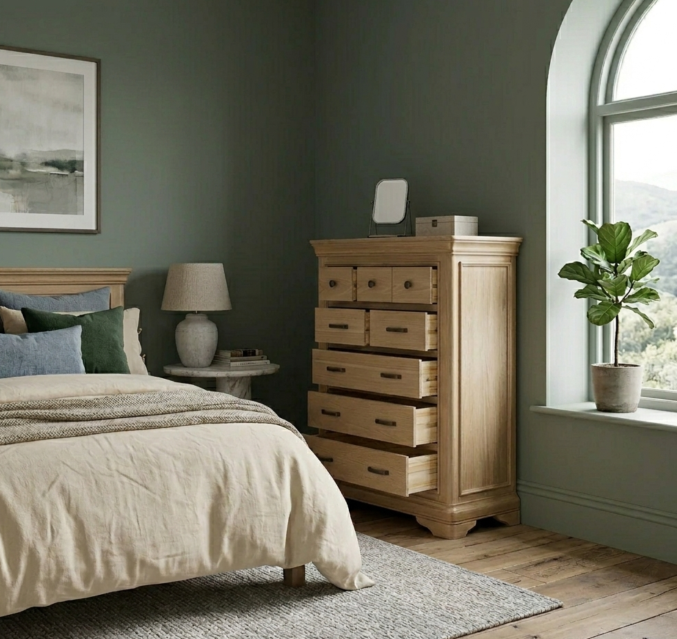 Oslo Light Oak 8 Drawer styled in a bright, modern rustic bedroom interior furniture store ni