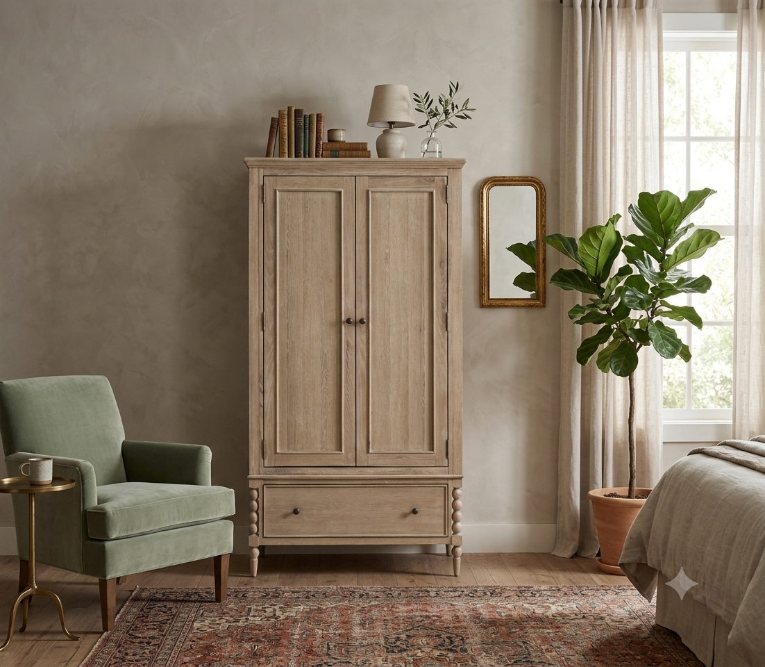 Artisan 2-door 1-drawer double wardrobe showcasing its exquisite hand-crafted bobbin turned frame details, premium oak wood grain, and a subtle lime wash finish at the furniture store ni