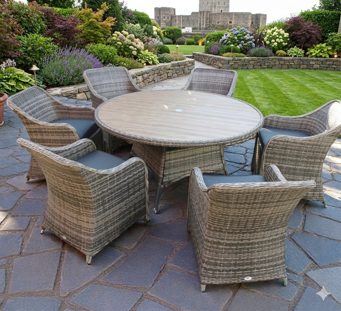Florence 6-seater garden dining set with wicker chairs and a circular Polywood table, set up on a beautiful patio AT FURNITURE STORE NI