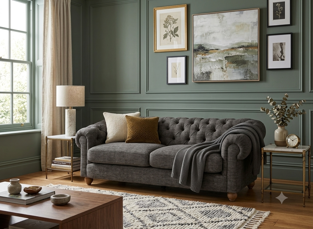 Modern 3-seater Chesterfield sofa showcasing its deep-buttoned back, in Celine flagstone, elegant scrolled arms, and gracefully contoured silhouette sitting on solid ash legs Celine olive at the furniture store ni