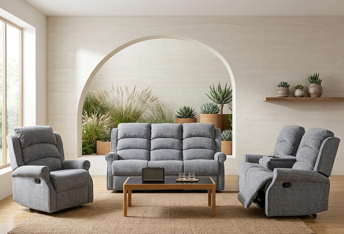Windsor full electric reclining 3+2 suite in soft Natural fabric, featuring high backs and traditionally designed scroll arms in a styled living room at the furniture store ni