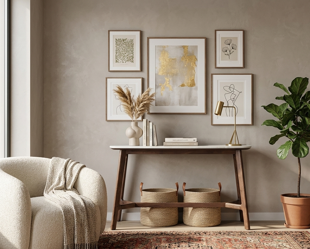 Barcelona contemporary console table featuring an elegant white marble top with rounded coach ends, styled as a focal point in a modern hallway or living room at the furniture store ni