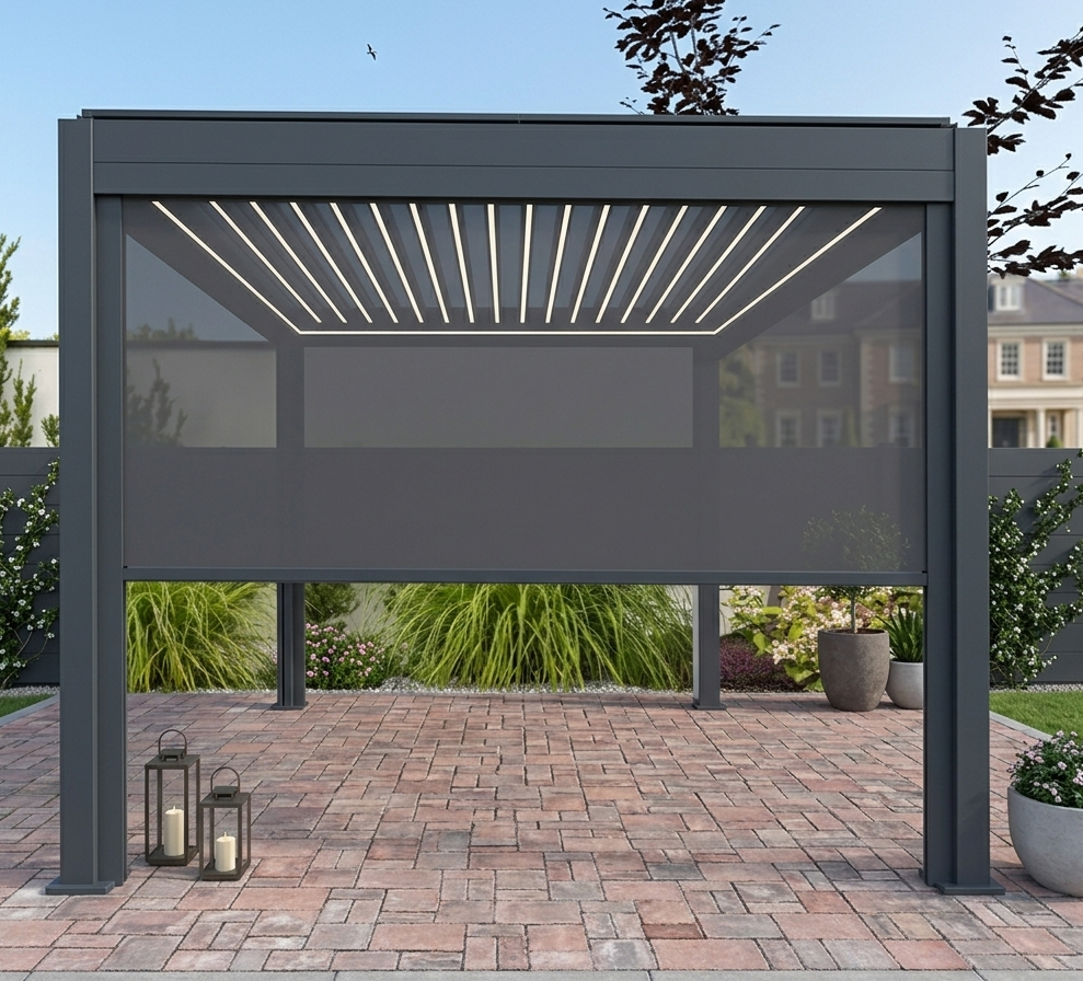 Textilene privacy screen pulled down on a Nova Titan pergola, creating a secluded and sheltered outdoor living space at furniture store ni