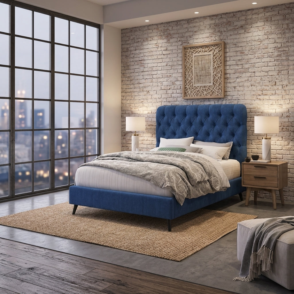Penelope upholstered bedframe showcasing its cushioned, button-studded headboard and low-profile frame in a stylish contemporary bedroom at the furniture store ni