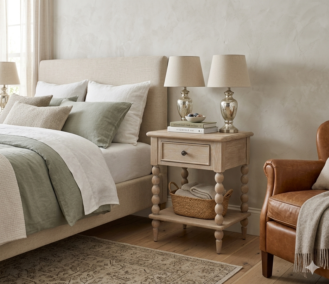 Artisan 1-drawer bedside table showcasing its exquisite hand-crafted bobbin turned legs, premium oak wood grain, and a subtle lime wash finish at the furniture store ni