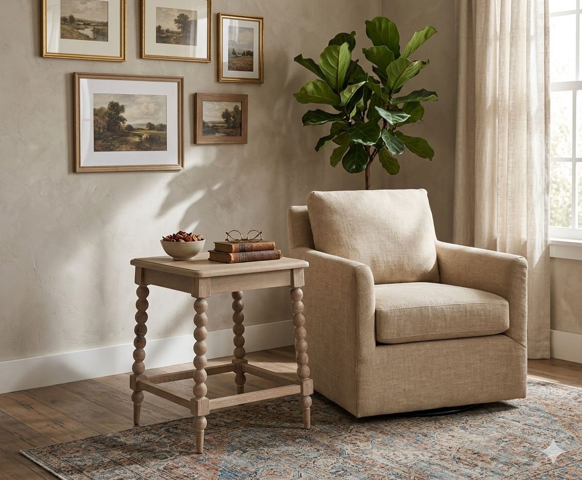 Artisan square oak side table showcasing its exquisite hand-crafted bobbin turned legs, premium wood grain, and a subtle lime wash finish at the furniture store ni