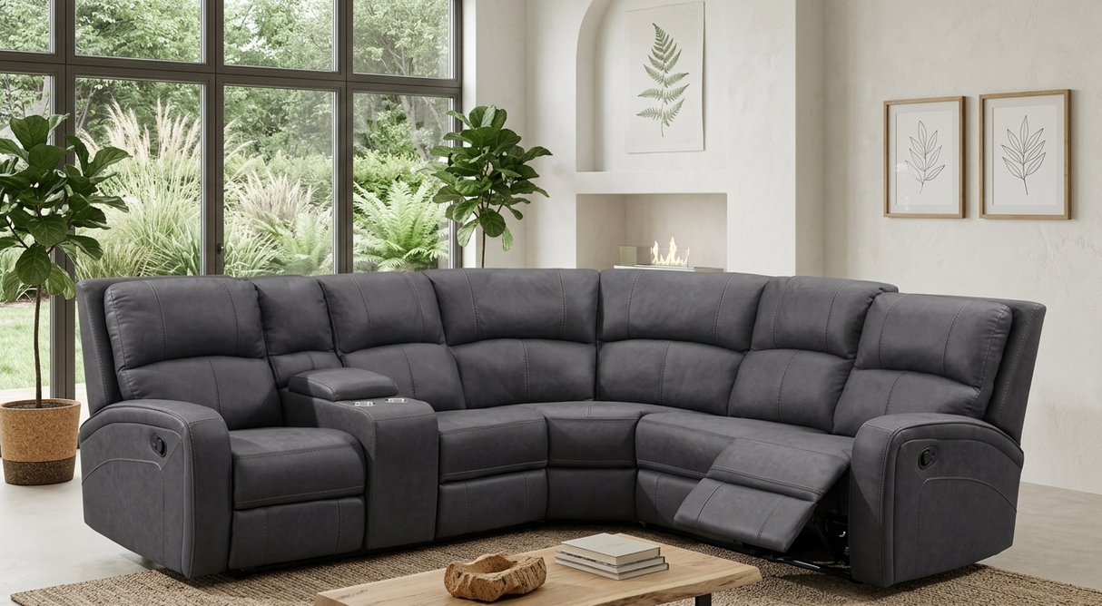 Silverton 6-piece corner recliner suite in dark grey fabric with drop-down console at furniture store ni