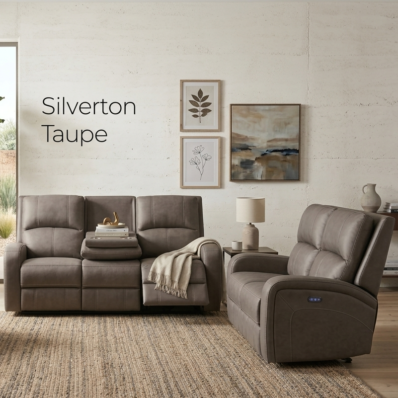 Silverton 3+1+1 electric recliner suite in taupe fabric, including 3-seater with console and 2 seater at the furniture store ni